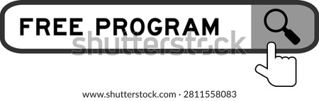 Search banner in word free program with hand over magnifier icon on white background