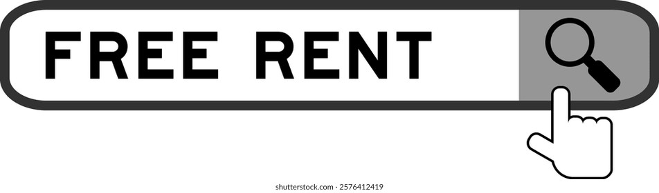 Search banner in word free rent with hand over magnifier icon on white background