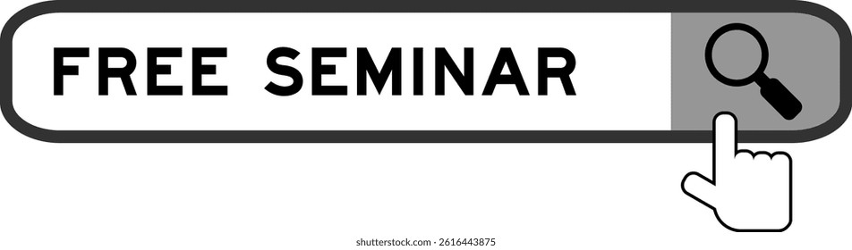 Search banner in word free seminar with hand over magnifier icon on white background