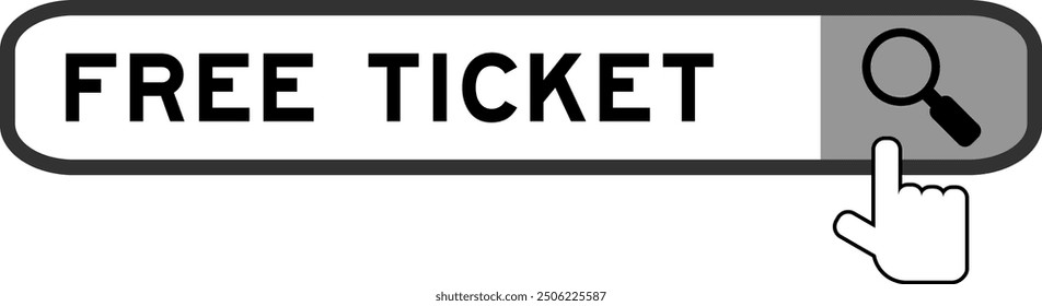 Search banner in word free ticket with hand over magnifier icon on white background