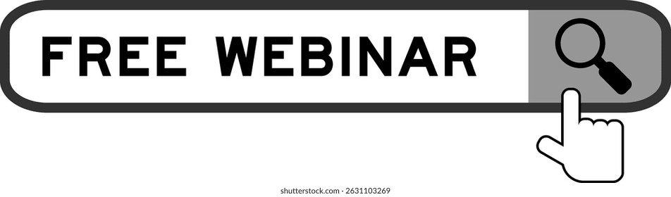Banner de pesquisa no webinar gratuito com mão sobre ícone de lupa no fundo branco