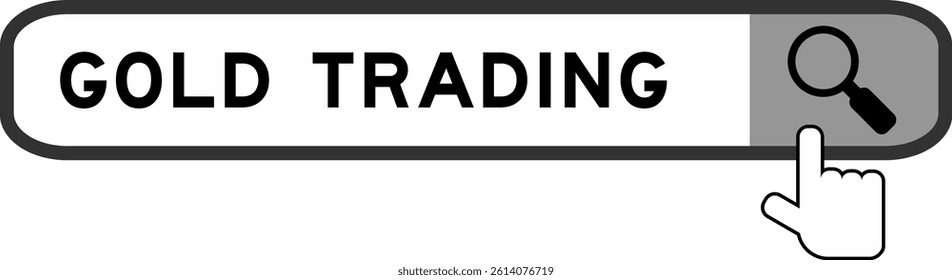 Search banner in word gold trading with hand over magnifier icon on white background