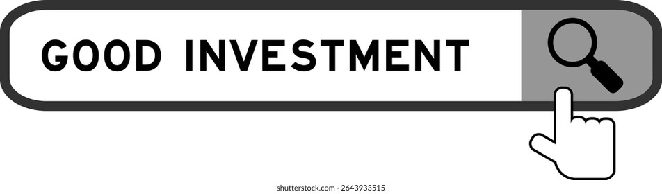 Banner da pesquisa no bom investimento da palavra com mão sobre ícone da lupa no fundo branco