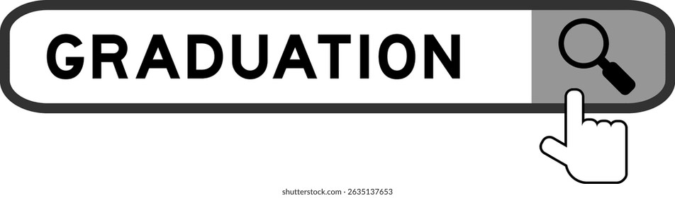 Search banner in word graduation with hand over magnifier icon on white background
