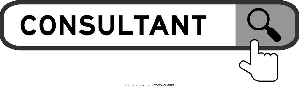 Search banner in word with hand over magnifier icon on white background