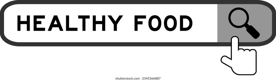 Banner de pesquisa em alimentos saudáveis palavra com mão sobre ícone de lupa no fundo branco