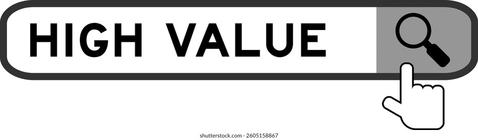 Search banner in word high value with hand over magnifier icon on white background