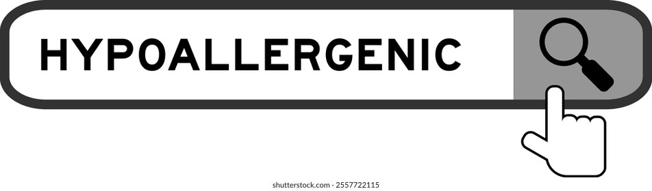 Search banner in word hypoallergenic with hand over magnifier icon on white background