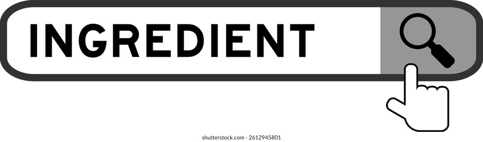 Search banner in word ingredient with hand over magnifier icon on white background