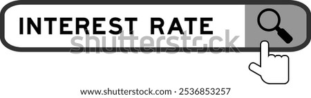 Search banner in word interest rate with hand over magnifier icon on white background