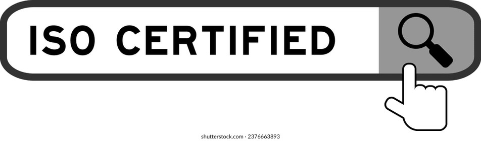 Search banner in word iso certified with hand over magnifier icon on white background svg