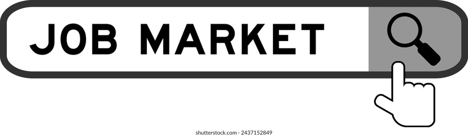 Search banner in word job market with hand over magnifier icon on white background