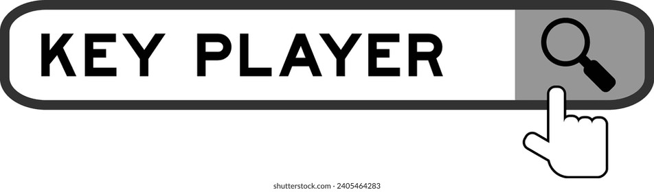Search banner in word key player with hand over magnifier icon on white background