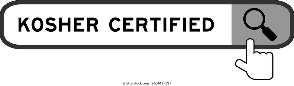 Search banner in word kosher certified with hand over magnifier icon on white background