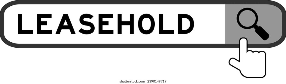 Search banner in word leasehold with hand over magnifier icon on white background