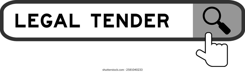 Search banner in word legal tender with hand over magnifier icon on white background