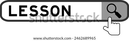 Search banner in word lesson with hand over magnifier icon on white background