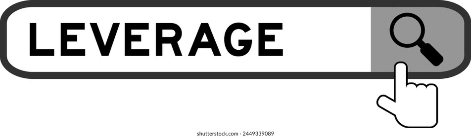 Search banner in word leverage with hand over magnifier icon on white background