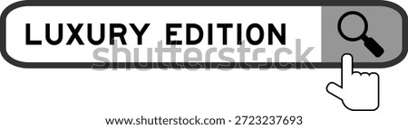 Search banner in word luxury edition with hand over magnifier icon on white background
