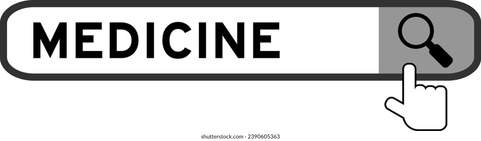 Search banner in word medicine with hand over magnifier icon on white background