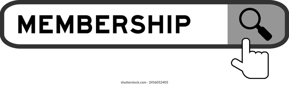 Search banner in word membership with hand over magnifier icon on white background