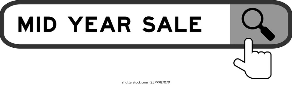 Search banner in word mid year sale with hand over magnifier icon on white background