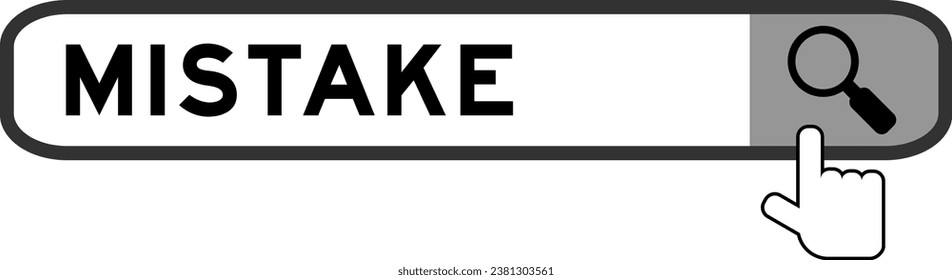 Search banner in word mistake with hand over magnifier icon on white background