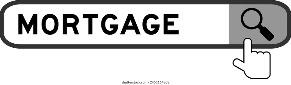 Search banner in word mortgage with hand over magnifier icon on white background
