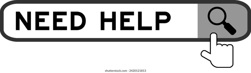Search banner in word need help with hand over magnifier icon on white background