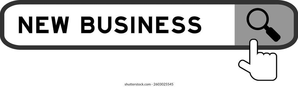 Search banner in word new business with hand over magnifier icon on white background