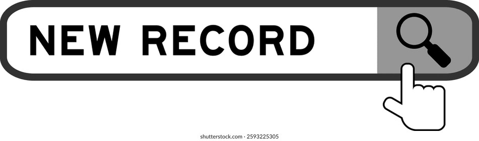 Search banner in word new record with hand over magnifier icon on white background