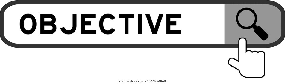 Search banner in word objective with hand over magnifier icon on white background