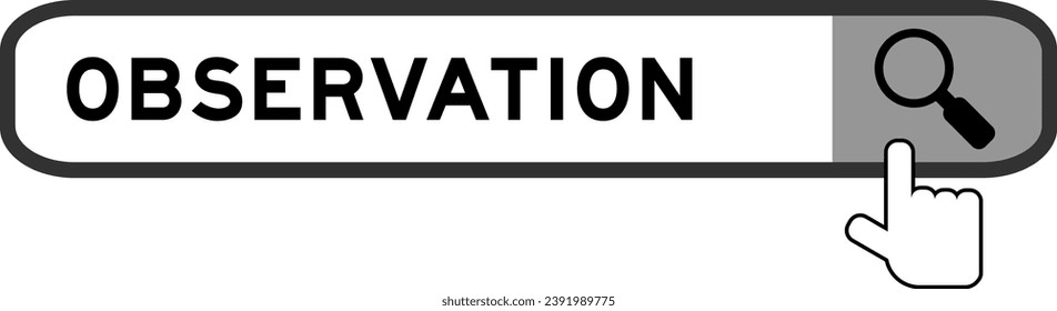 Search banner in word observation with hand over magnifier icon on white background