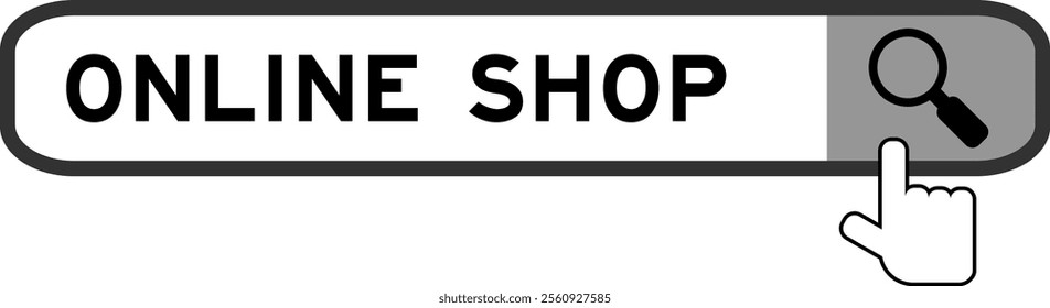Search banner in word online shop with hand over magnifier icon on white background