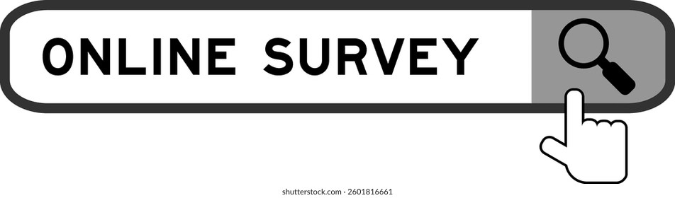 Search banner in word online survey with hand over magnifier icon on white background