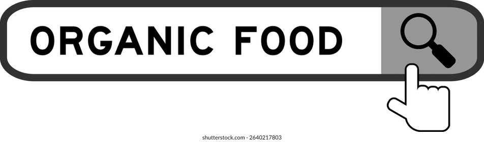 Search banner in word organic food with hand over magnifier icon on white background