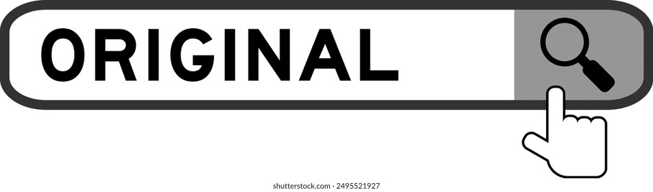 Search banner in word original with hand over magnifier icon on white background