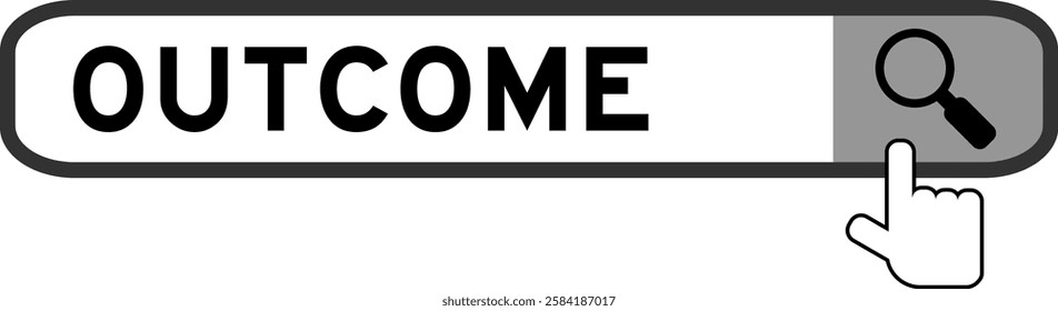 Search banner in word outcome with hand over magnifier icon on white background