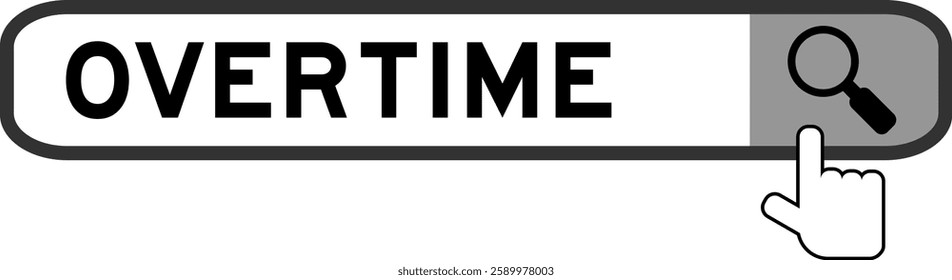 Search banner in word overtime with hand over magnifier icon on white background