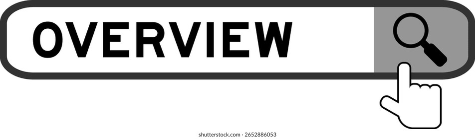 Search banner in word overview with hand over magnifier icon on white background