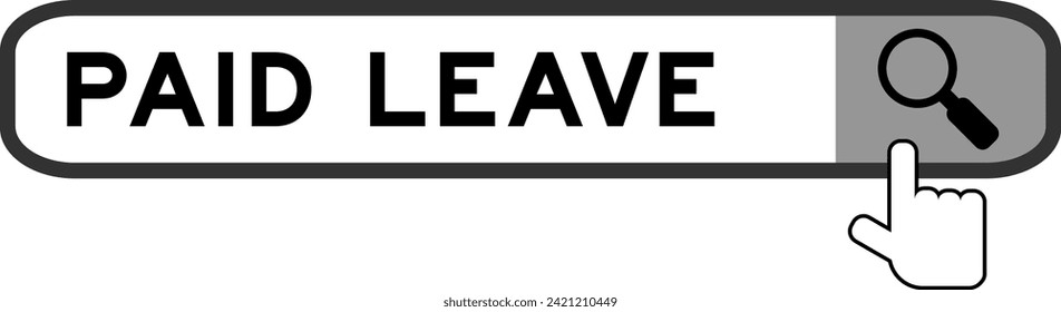 Search banner in word paid leave with hand over magnifier icon on white background