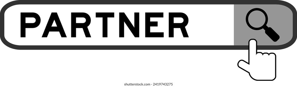 Search banner in word partner with hand over magnifier icon on white background