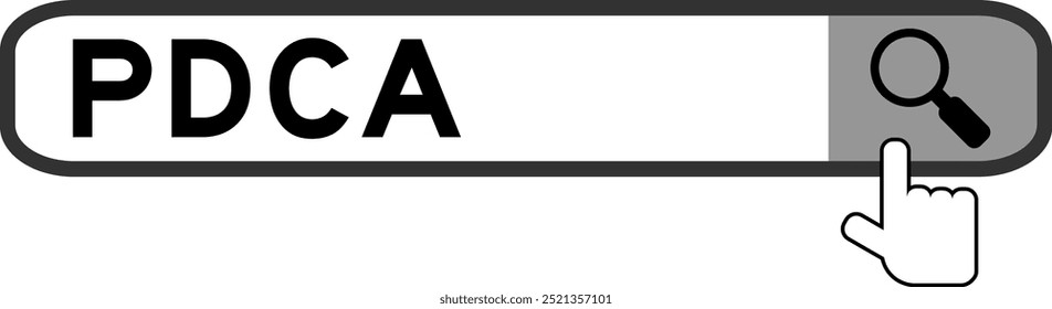 Banner de pesquisa no Word PDCA (Abreviação do plano do ato de verificação) com a mão sobre o ícone de lupa no fundo branco