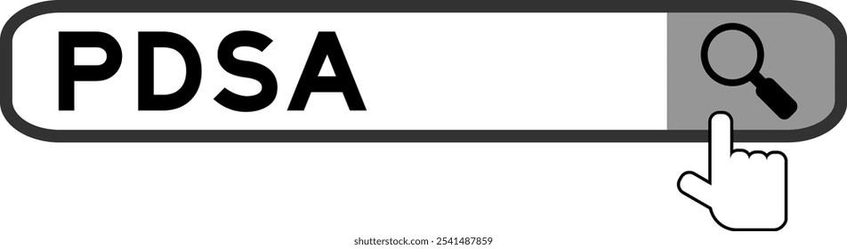Banner de pesquisa no Word PDSA (Abreviação do plano do ato de estudo) com mão sobre ícone de lupa no fundo branco