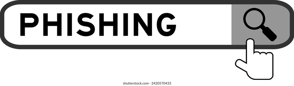 Search banner in word phishing with hand over magnifier icon on white background