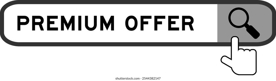 Banner de pesquisa na oferta premium do word com mão sobre ícone de lupa no fundo branco