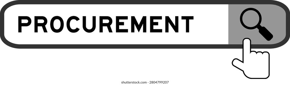 Search banner in word procurement with hand over magnifier icon on white background