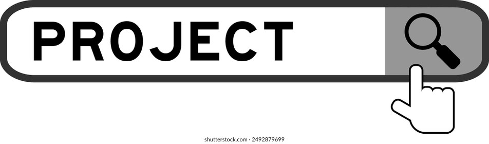 Search banner in word project with hand over magnifier icon on white background
