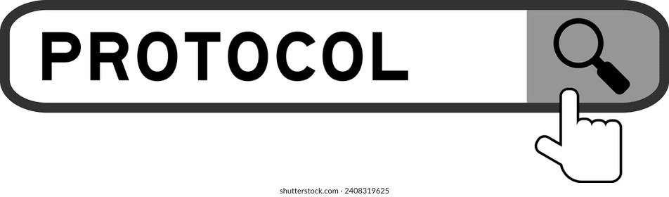 Search banner in word protocol with hand over magnifier icon on white background