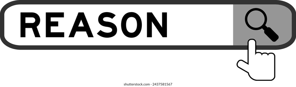 Search banner in word reason with hand over magnifier icon on white background